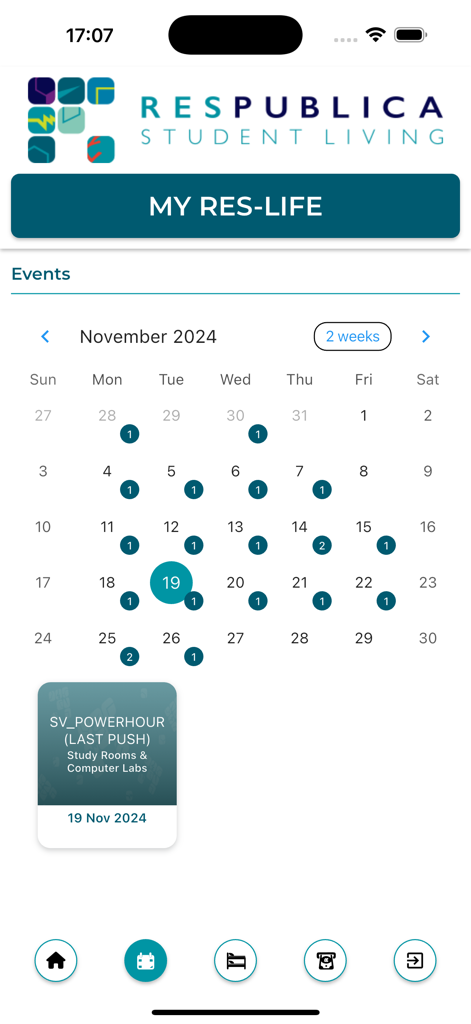 Respublica - Respublica student living app displaying a monthly events calendar and a study session event for November
