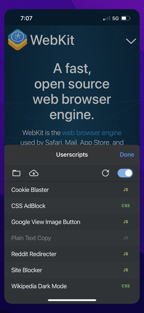 Userscripts - Une liste de scripts userscripts JavaScript et CSS actifs dans l'interface de l'extension mobile Safari
