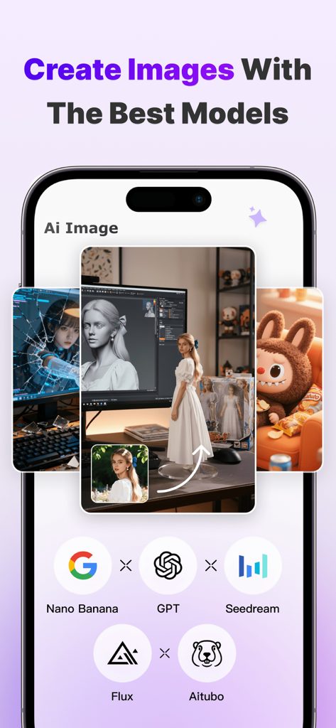 Aitubo: AI Video Generator - Smartphone screen displaying the Aitubo AI image generation feature and supported AI models