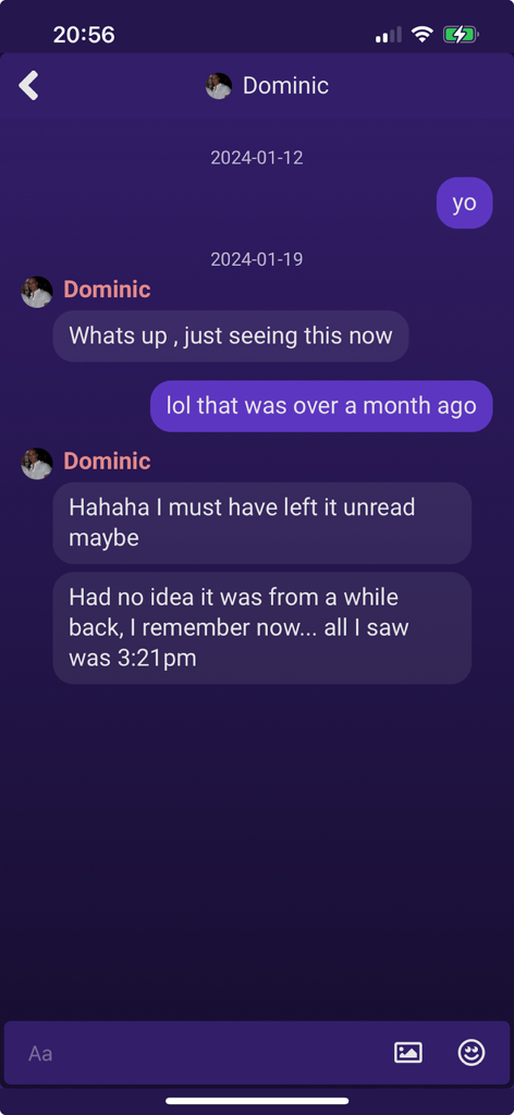 Kosmi - Chat interface within the Kosmi app showing a conversation between friends on a dark purple background.