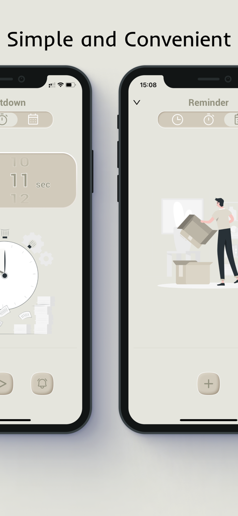 X Clock - Live in the present - Two iPhone screens displaying the X Clock app with a beige aesthetic showing countdown and reminder features