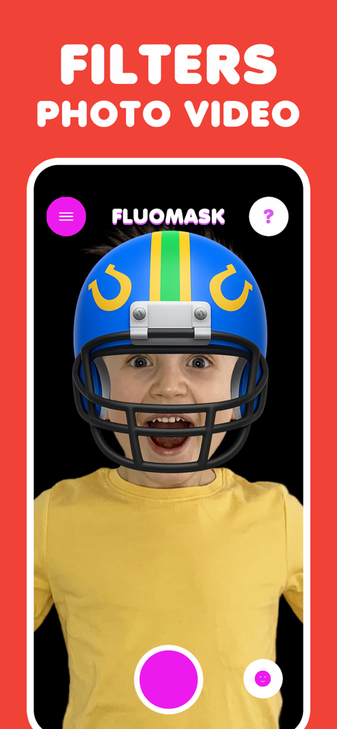 Face filter kids game FluoMask - A young boy using a blue virtual football helmet AR face filter in the FluoMask app