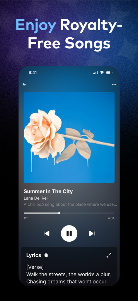 Zurna: AI Song & Music Maker - Pantalla de la aplicación móvil que muestra un reproductor de música para canciones generadas por IA con letras y controles de reproducción