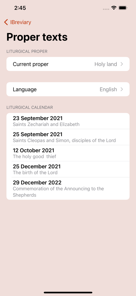iBreviary TS Plus - Der Bildschirm für eigene Texte in der iBreviary App mit Einstellungen für das Heilige Land und einem Kalender der Festtage