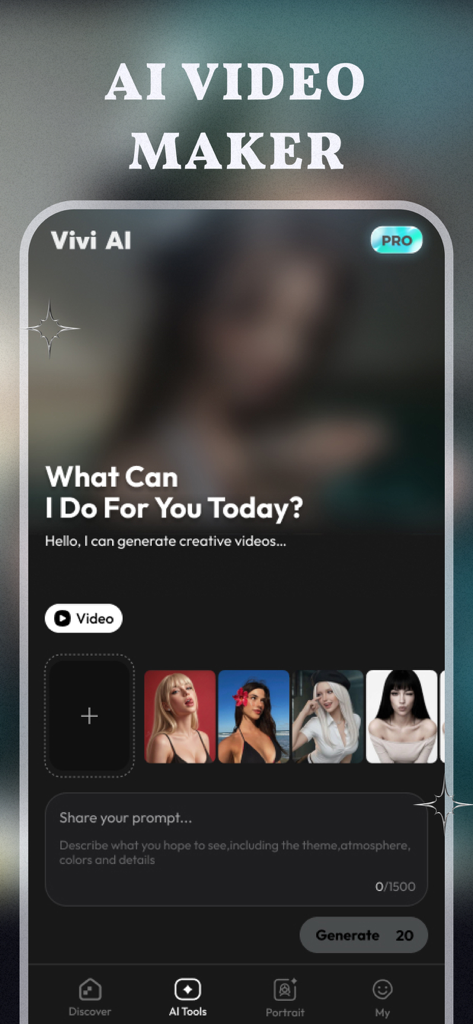 Vivi: AI Image to Video Maker - Interfaccia di Vivi AI che mostra il prompt di generazione testo-a-video e lo strumento di selezione immagini.