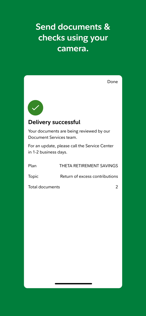 NetBenefits - Schermata mobile che mostra una conferma di consegna del documento riuscita per un piano pensionistico nell'app NetBenefits