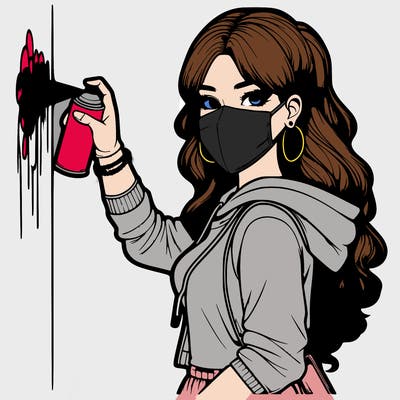 realistic girl with mask spray painting a wall