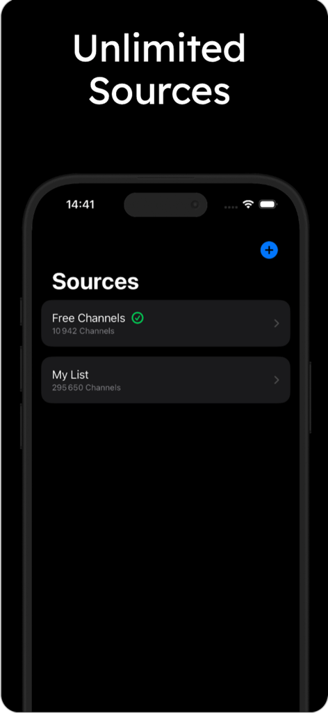 playr - iptv player - Playr IPTV player sources screen showing multiple channel lists