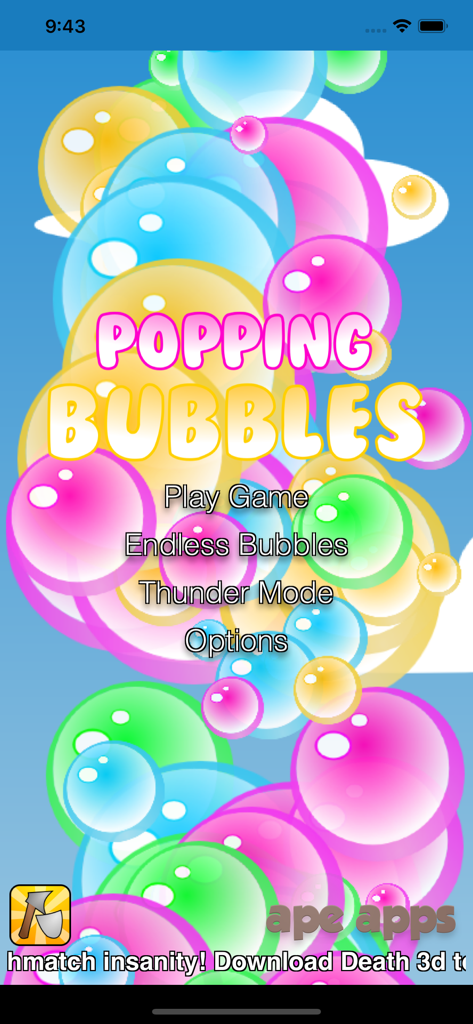 Popping Bubbles Game - Title screen of the Popping Bubbles Game app showing the main menu and colorful floating bubbles.