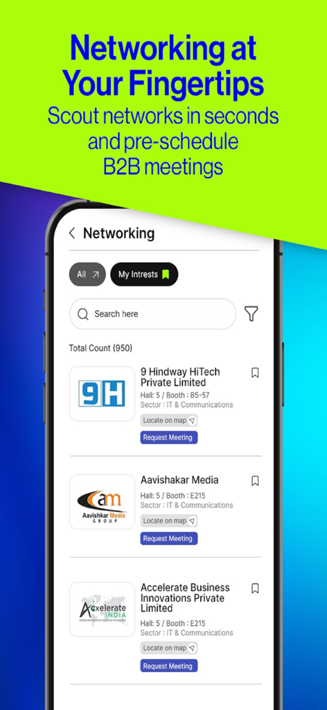 EI Expo - Interface for scouting networks and scheduling B2B meetings in the EI Expo app
