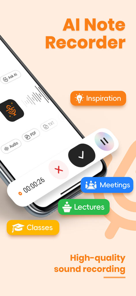 Note AI: Voice AI Transcribe - Interfaz de la aplicación AI Note Recorder mostrando funciones de grabación de sonido de alta calidad para reuniones y clases