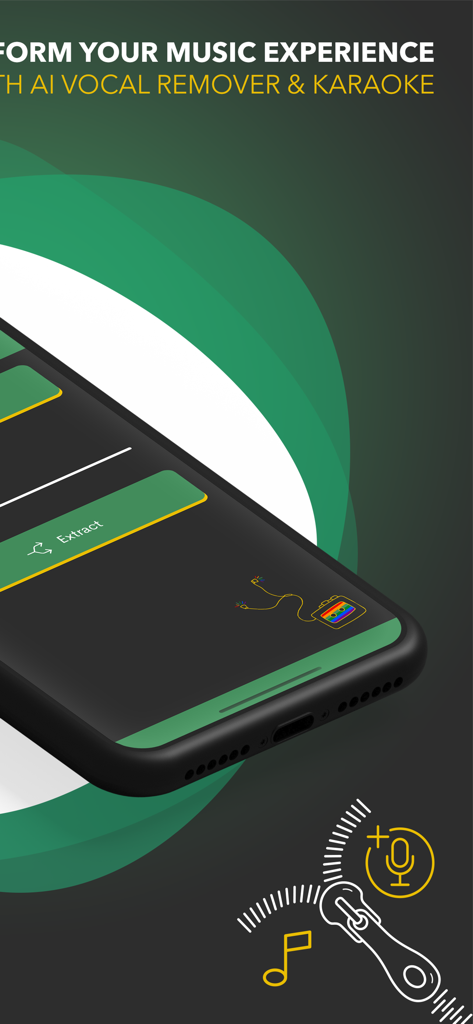 AI音楽分離およびカラオケ作成用のボーカルリムーバーアプリインターフェイスを表示するスマートフォン