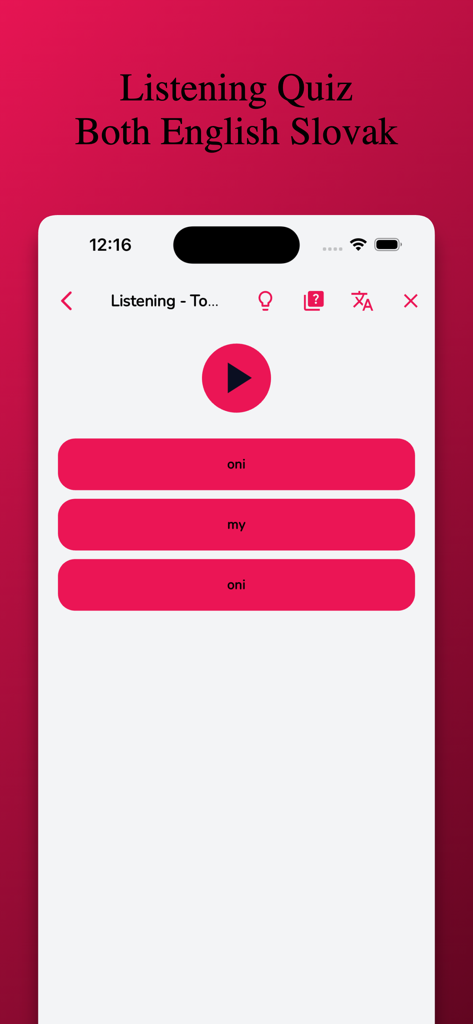 Slovak Learning - Beginners - Pantalla de cuestionario de escucha de la aplicación de aprendizaje de idiomas eslovacos con botón de reproducción de audio y opciones de respuesta múltiple.