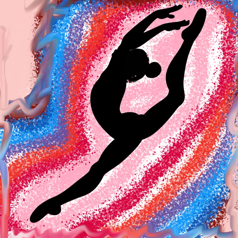 gymnast doing a leap in a leotard with a bent back leg