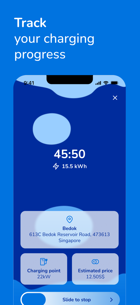 Pantalla móvil mostrando el progreso de carga del vehículo eléctrico, incluida la duración, la energía utilizada y el precio estimado en Singapur