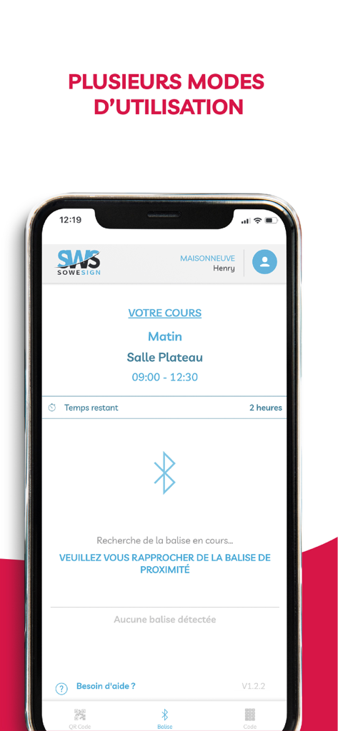 SWS Student - SWS Student app interface displaying attendance tracking via Bluetooth beacon for professional training