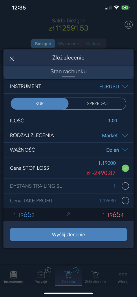 Alior 4 Trader mobile app interface showing a buy order form for EURUSD currency pair with market order and stop loss settings