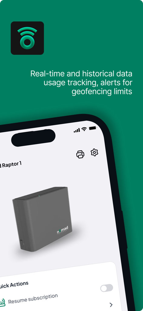 Nomad Internet App-Oberfläche, die die Echtzeit-Datennutzungsverfolgung und die Verwaltung des Nomad Raptor-Modems zeigt