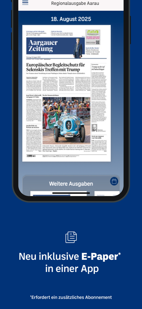 Aargauer Zeitung - Smartphone displaying the Aargauer Zeitung e-paper digital newspaper layout in its mobile app.