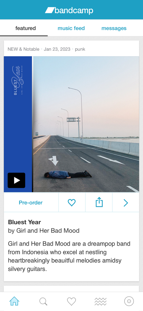 La section mise en avant de l'application Bandcamp présente un nouvel artiste indépendant prometteur.