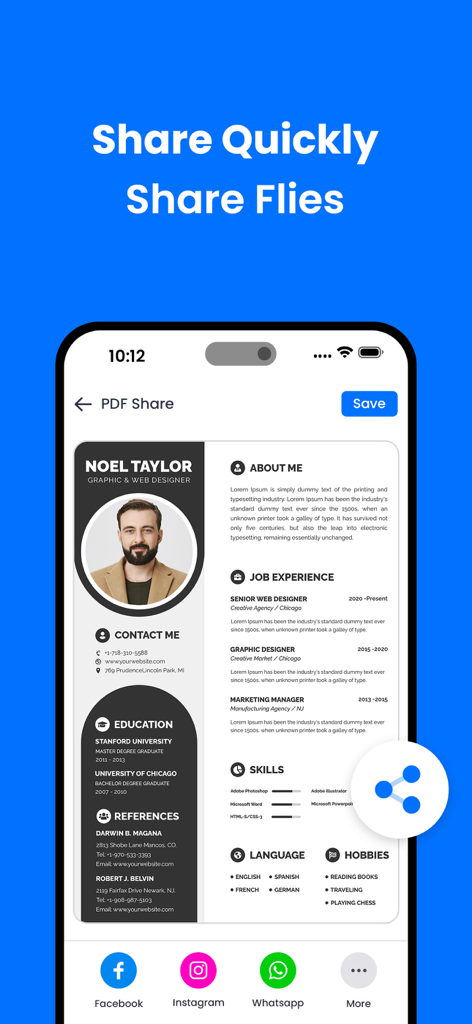 Universal File Reader - A screenshot of the Universal File Reader app showing a PDF resume ready to be shared via social media platforms