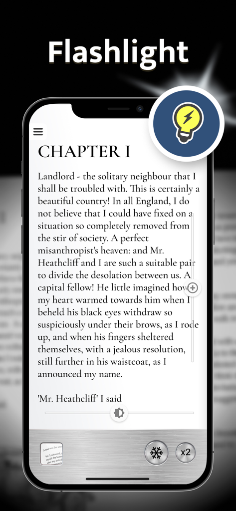 iPhone screen showing the Magnifying Glass app with the flashlight feature enabled to read book text