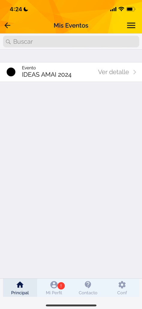 Interfaz de la aplicación AMAI Mexico que muestra la pantalla Mis Eventos con una lista para el evento IDEAS AMAI 2024