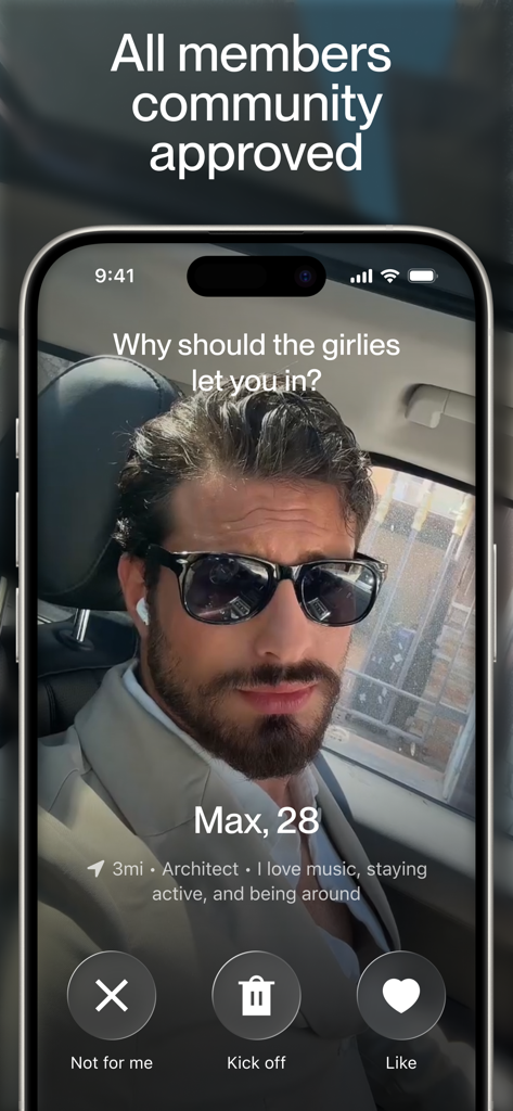 Hoppy dating app interface showing a male user profile with options for community members to approve or reject his access