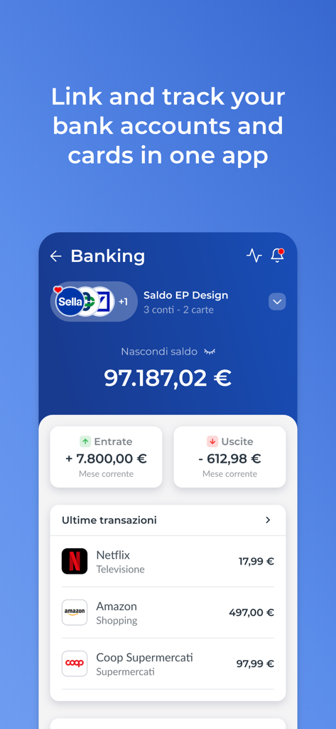 Easypol - PagoPA e Bollo auto - Interfaz móvil de Easypol que muestra el saldo bancario y el historial de transacciones recientes