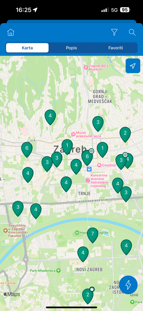 OneCharge HR - Map view in the OneCharge HR app showing multiple electric vehicle charging stations in Zagreb