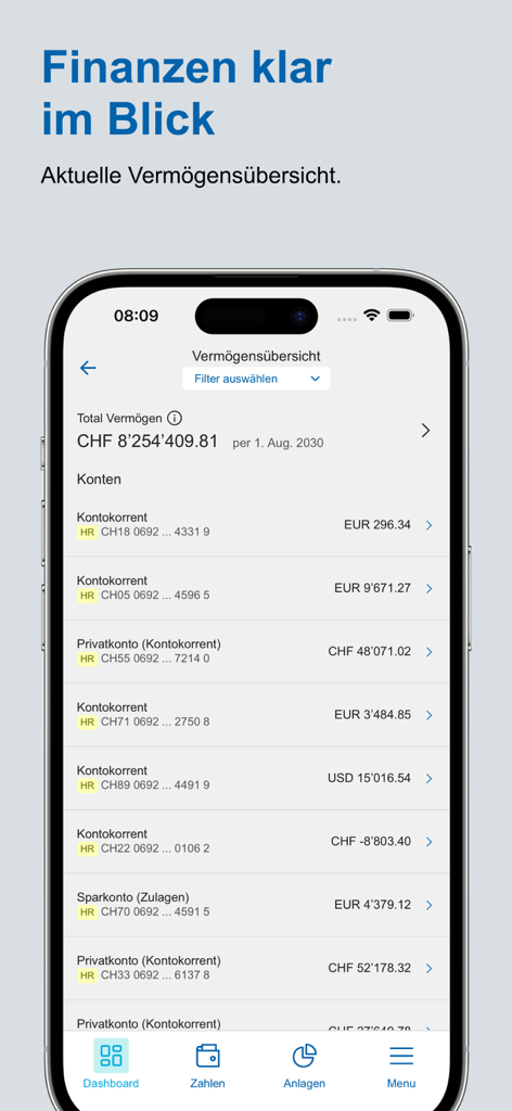 Vermögensverwaltungsoberfläche der Alpha RHEINTAL Bank App, die Gesamtvermögen und Kontolisten anzeigt.