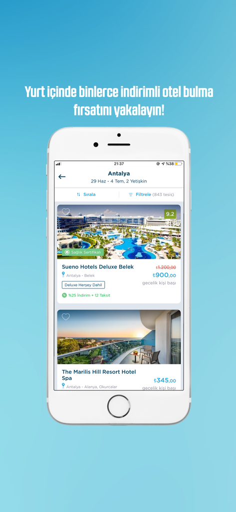 tatilsepeti - Mobile app interface showing hotel booking results and discounts for resorts in Antalya Turkey