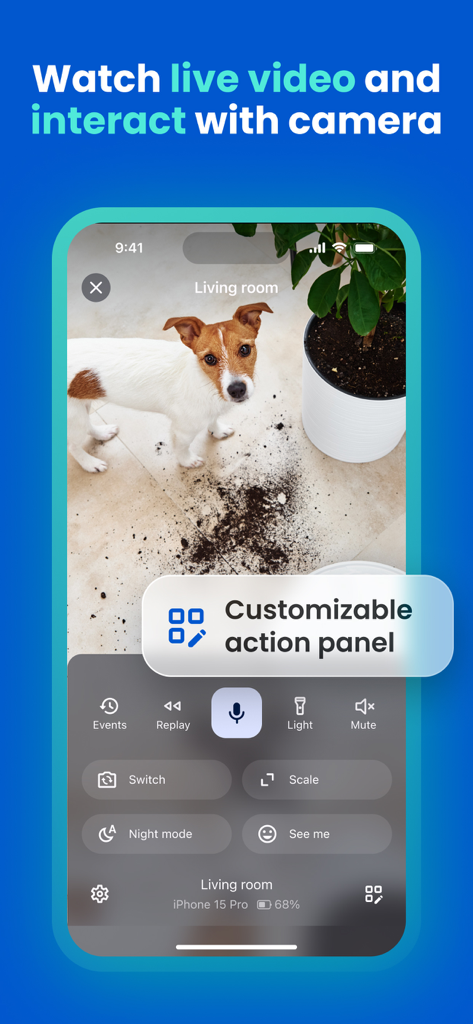Live-Video-Feed eines Hundes in der Camerito-Sicherheitskamera-App mit einem anpassbaren Bedienfeld