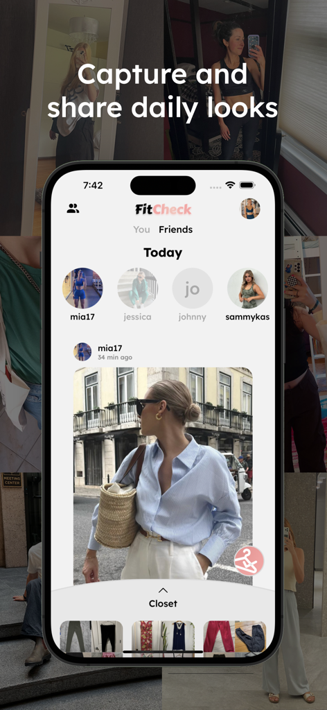 FitCheck: Outfit of the Day - FitCheck 앱 인터페이스, 친구들이 매일의 의상을 공유하는 소셜 피드 및 디지털 옷장 미리보기 표시