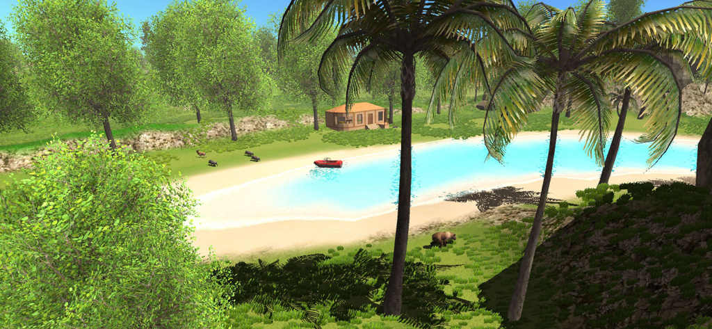 Ocean Is Home: Survival Island - Una playa de una isla tropical con una casa de madera y un bote rojo