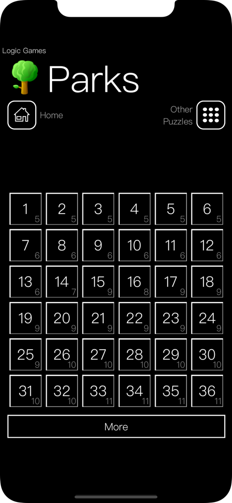 100 Logic Games - Time Killers - Level selection screen for the Parks puzzle game within the 100 Logic Games app showing a grid of levels one through thirty six.