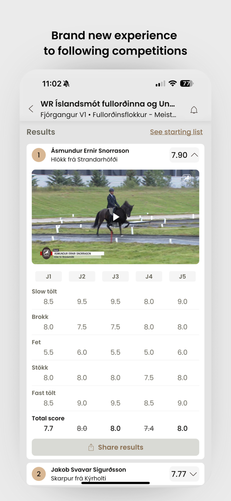 HorseDay app interface showing Icelandic horse competition results with video playback and detailed judge scores for different gaits