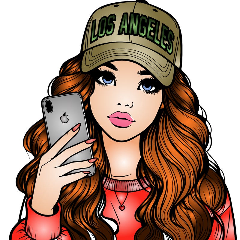 realistic beautiful girl wearing los ángeles cap holding an iphone