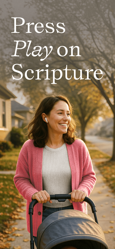 A woman listening to the Dwell audio Bible app with earbuds while pushing a stroller outdoors