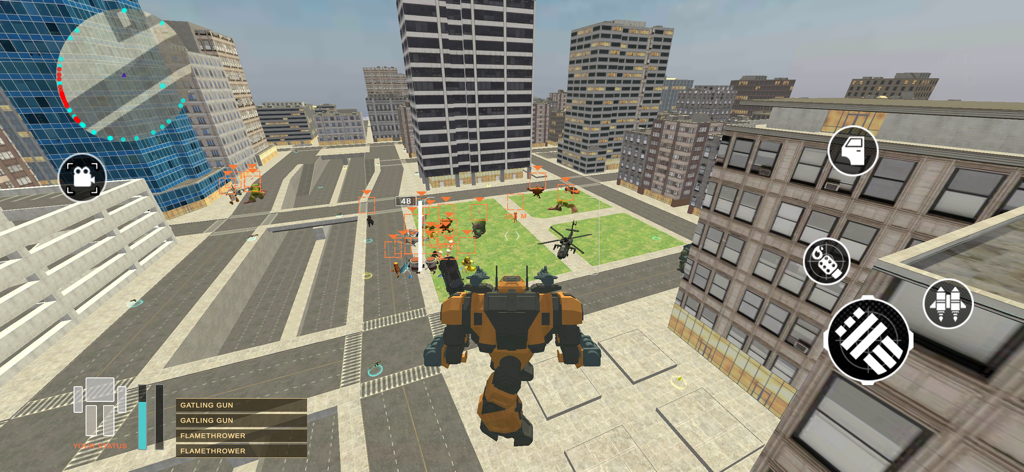 Survival in Brainrot: Shooter - Captura de pantalla del juego Survival in Brainrot Shooter con un personaje "mech" amarillo en un entorno urbano con varios controles de interfaz