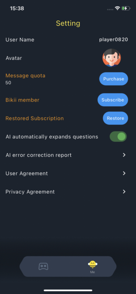 Bikii - Bee AI - Bikii app settings menu showing user profile and subscription options