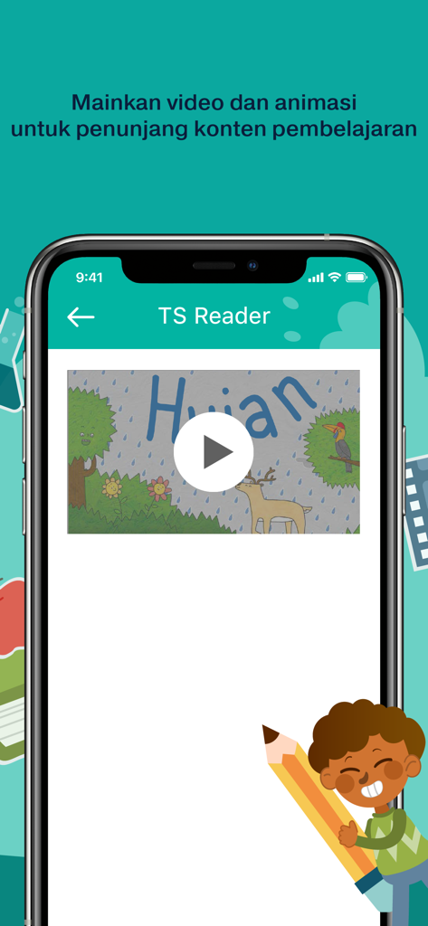 TS Reader - Un teléfono inteligente que muestra la aplicación TS Reader reproduciendo una animación educativa con una superposición de botón de reproducción.
