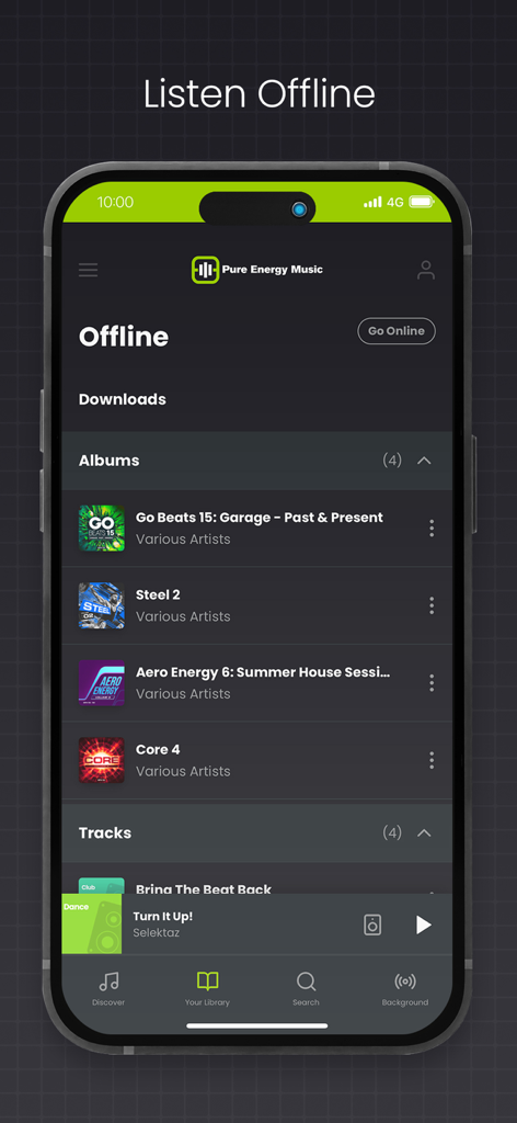 Pure Energy Music - Pure Energy Musicアプリのインターフェース。フィットネスアルバムやトラックのオフラインダウンロードを表示
