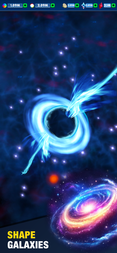 A black hole and a spiral galaxy in space from the Sandbox Universe Architect mobile game