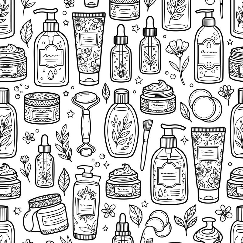 Indulge in a world of beauty and relaxation with this delightful seamless pattern coloring page. Featuring an array of skincare products and natural motifs, it's perfect for unwinding and creative expression.