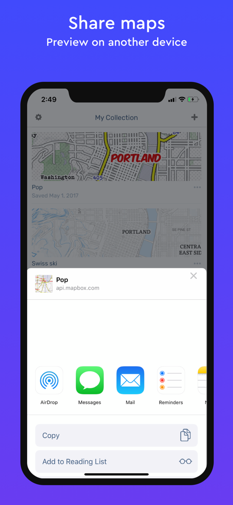 Mapbox Studio Preview - Mapbox Studio Preview screen showing the iOS share sheet to send a custom map style.