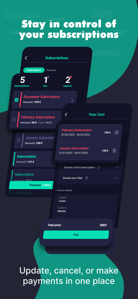 my-Team App - Eine mobile Benutzeroberfläche zur Verwaltung von Sportvereinsabonnements und zur Abwicklung digitaler Zahlungen innerhalb der my-Team App.