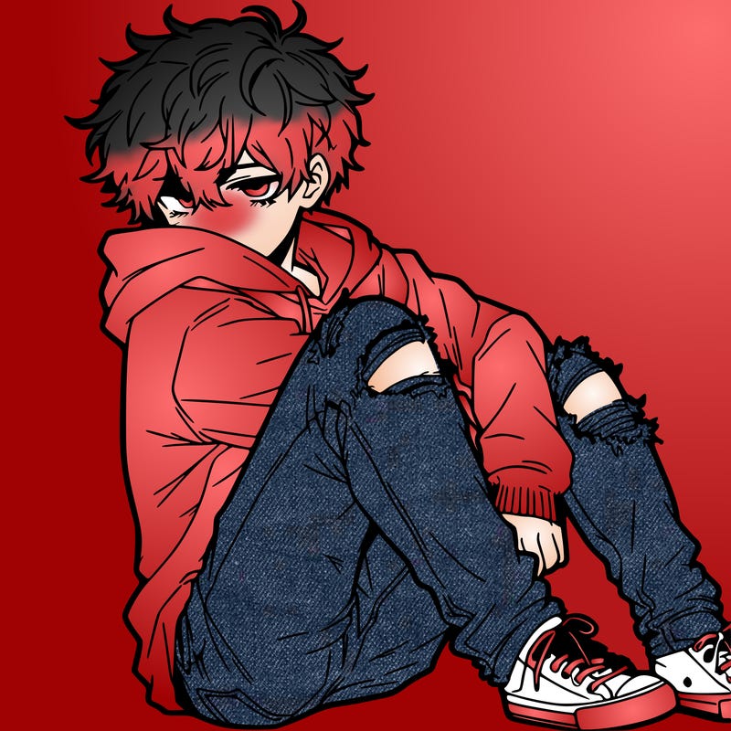 a male hoddie ripped jeans messy hair anime