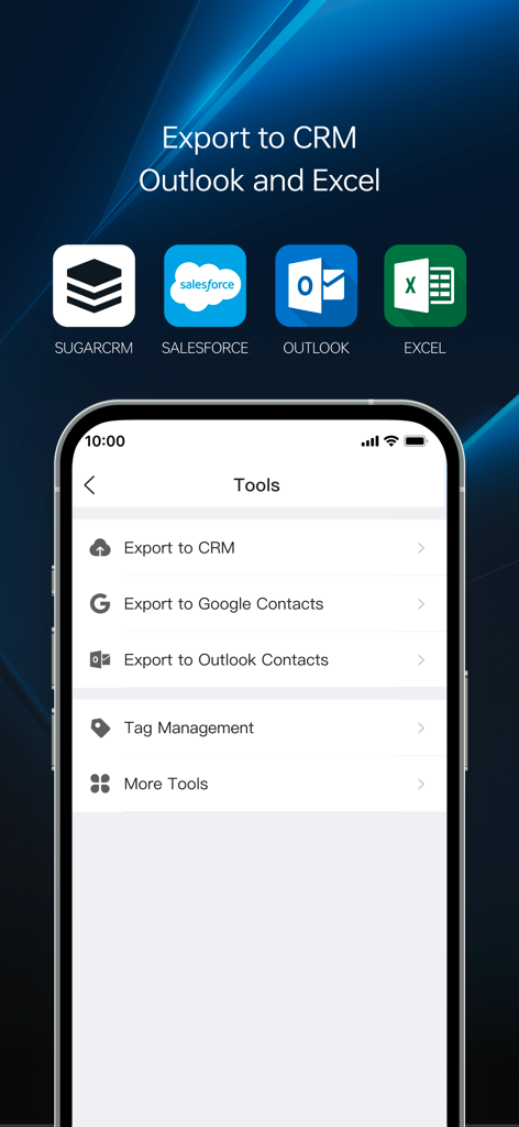 CamCard Business app screen showing options to export contacts to CRM Outlook and Excel