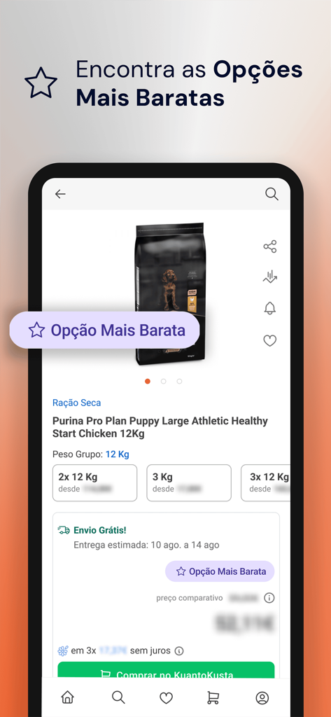 Kuantokusta - Interfaz de la aplicación móvil KuantoKusta mostrando la comparación de precios y la opción más barata para un producto